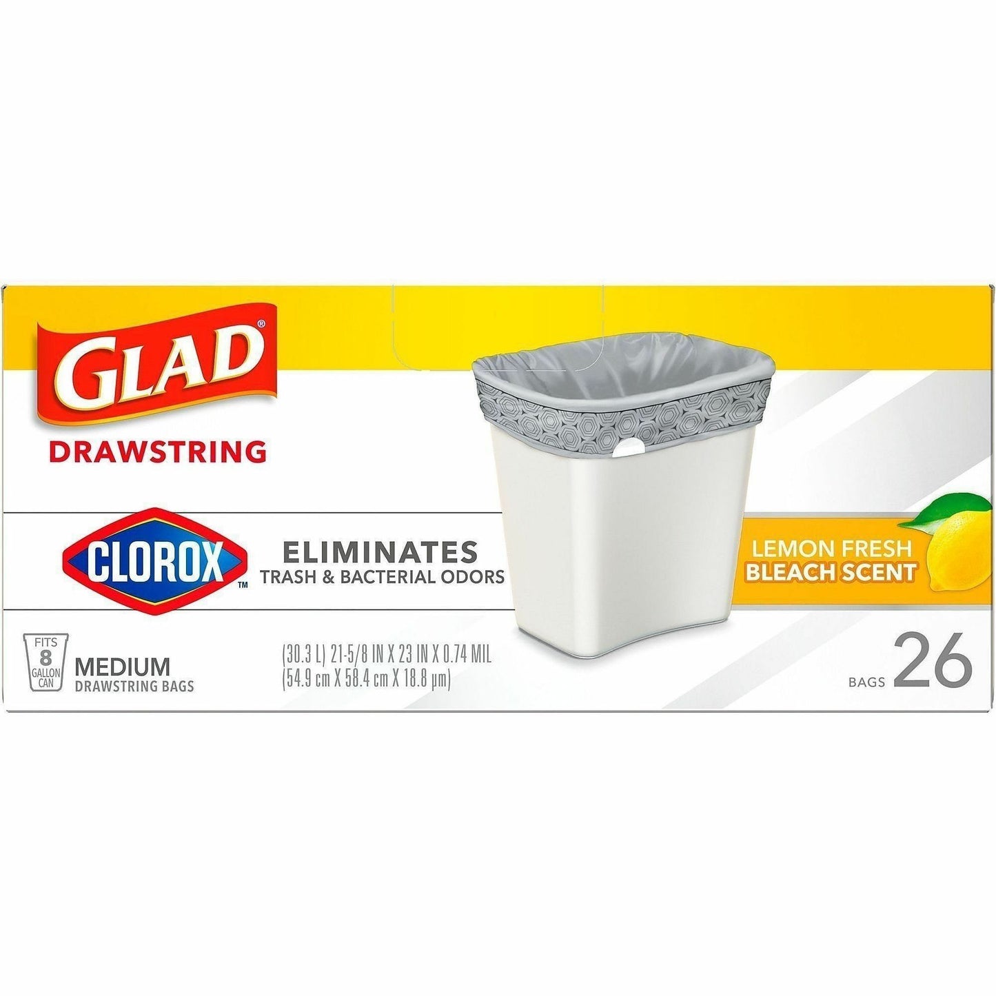 Glad Medium Drawstring Trash Bags with Clorox, Lemon Fresh Bleach, 8 gal, 26/Box, 6/Carton (CLO79316CT)