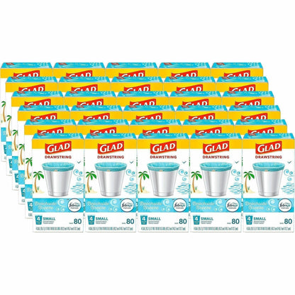 Glad OdorShield Drawstring Trash Bags, Febreze Beachside Breeze, 4 gal, 80/Box, 30/Carton (CLO79155CT)