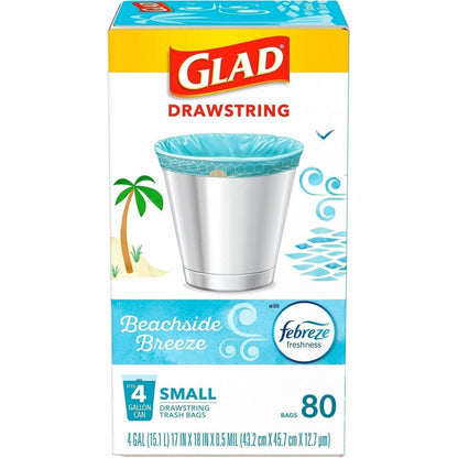 Glad OdorShield Drawstring Trash Bags, Febreze Beachside Breeze, 4 gal, 80/Box, 30/Carton (CLO79155CT)