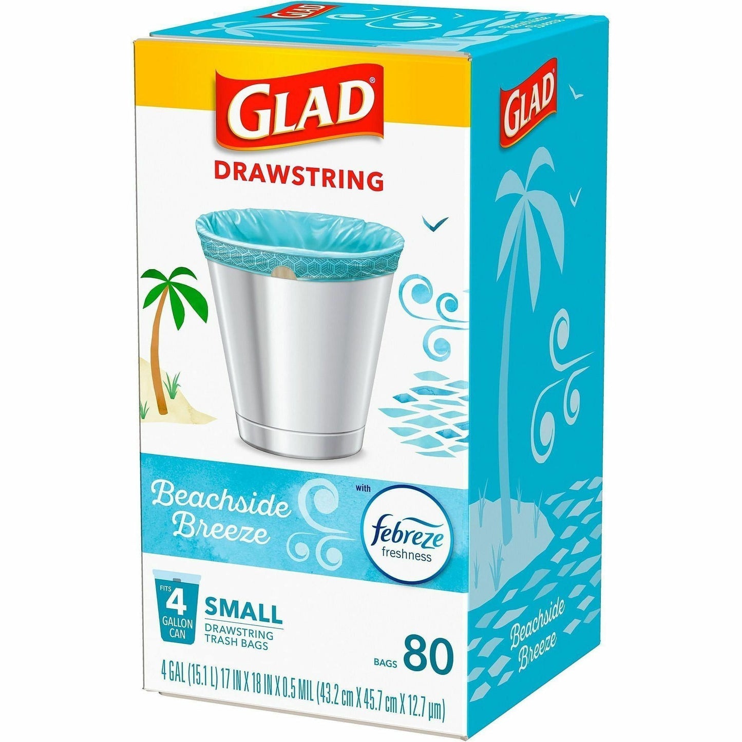 Glad OdorShield Drawstring Trash Bags, Febreze Beachside Breeze, 4 gal, 80/Box, 30/Carton (CLO79155CT)