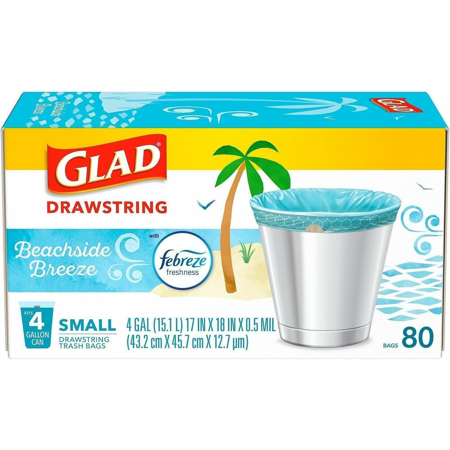 Glad OdorShield Drawstring Trash Bags, Febreze Beachside Breeze, 4 gal, 80/Box, 30/Carton (CLO79155CT)