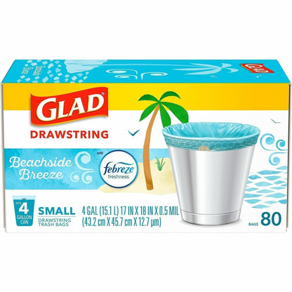 Glad OdorShield Drawstring Trash Bags, Febreze Beachside Breeze, 4 gal, 80/Box, 30/Carton (CLO79155CT)