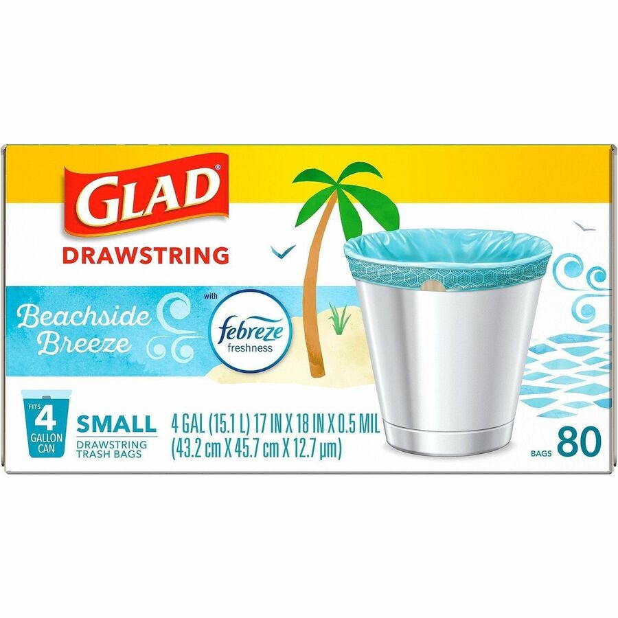 Glad OdorShield Drawstring Trash Bags, Febreze Beachside Breeze, 4 gal, 80/Box, 30/Carton (CLO79155CT)