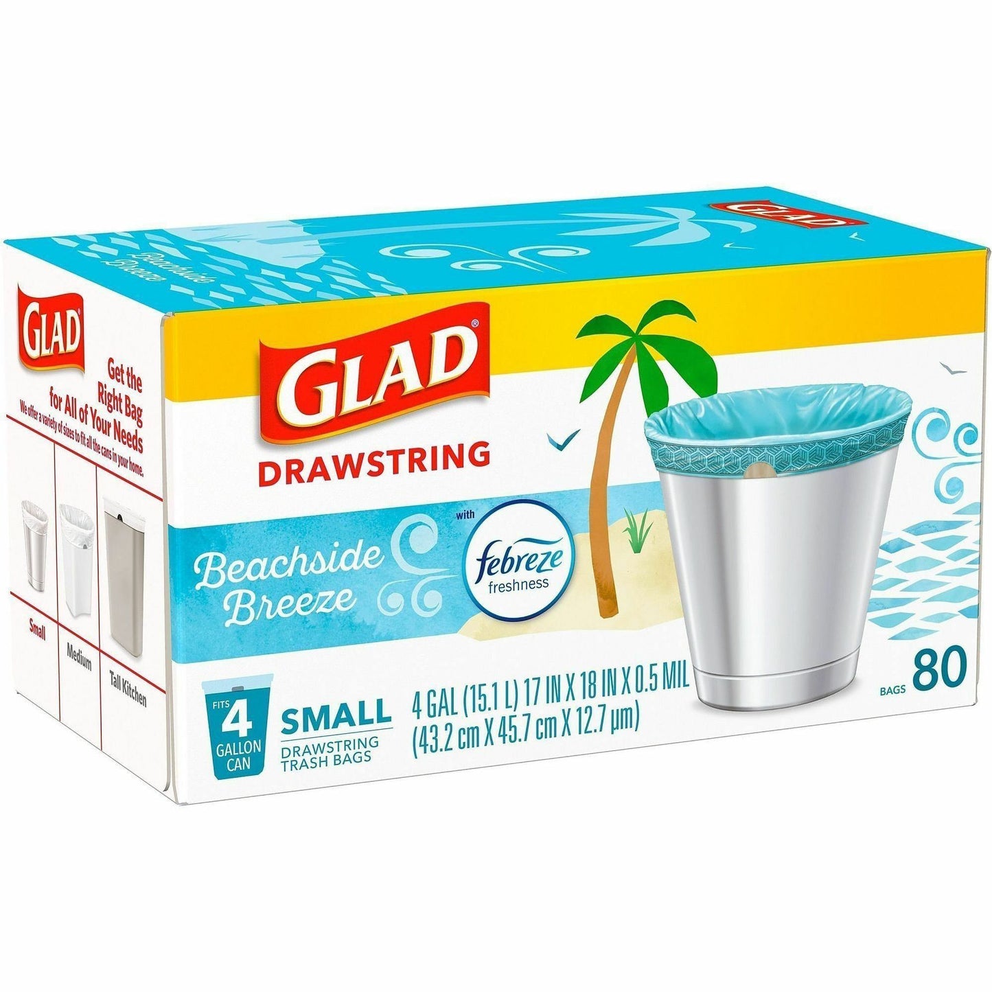 Glad OdorShield Drawstring Trash Bags, Febreze Beachside Breeze, 4 gal, 80/Box, 30/Carton (CLO79155CT)