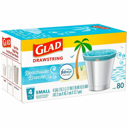 Glad OdorShield Drawstring Trash Bags, Febreze Beachside Breeze, 4 gal, 80/Box, 30/Carton (CLO79155CT)