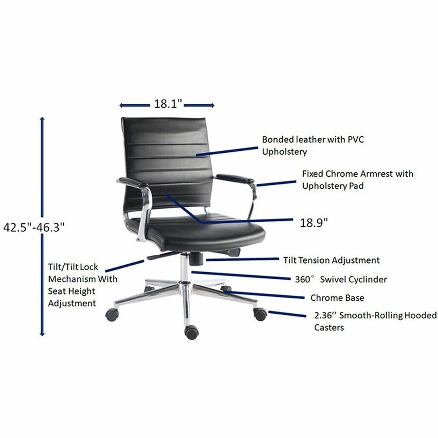Lorell Tempo Modern Leather Mid-Back Manager Chair, Black (LLR63221)