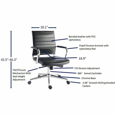 Lorell Tempo Modern Leather Mid-Back Manager Chair, Black (LLR63221)