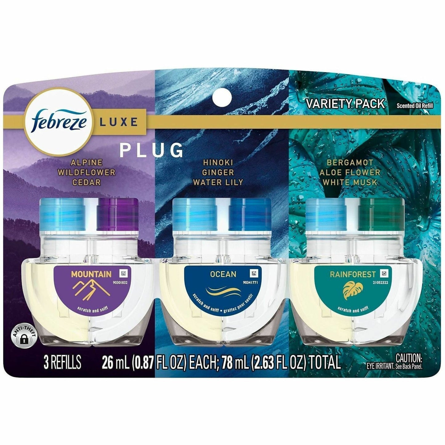 Febreze FadeDefy PLUG Air Freshener, 2.63 oz, Mountain, Ocean, Rainforest, 50 Day, 3/Pack (PGC16249PK)