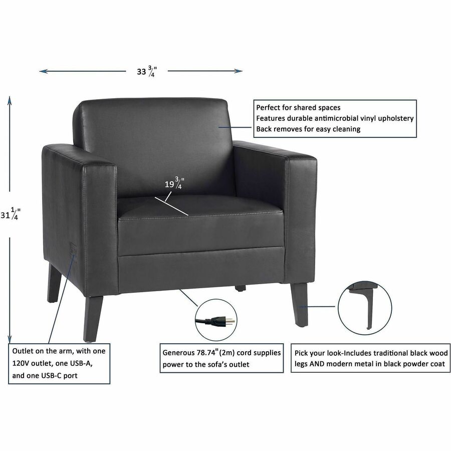 Lorell Clarke Series Club Chair with Antimicrobial Upholstery and Power, Black (LLR86952)