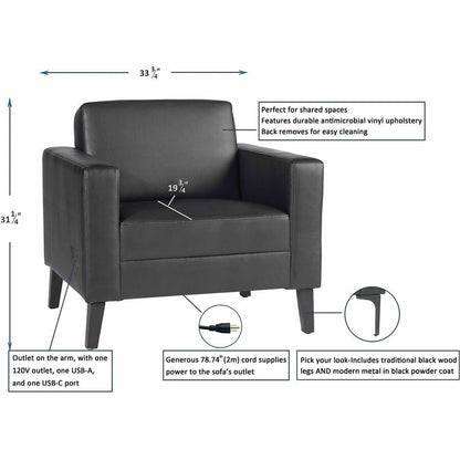 Lorell Clarke Series Club Chair with Antimicrobial Upholstery and Power, Black (LLR86952)