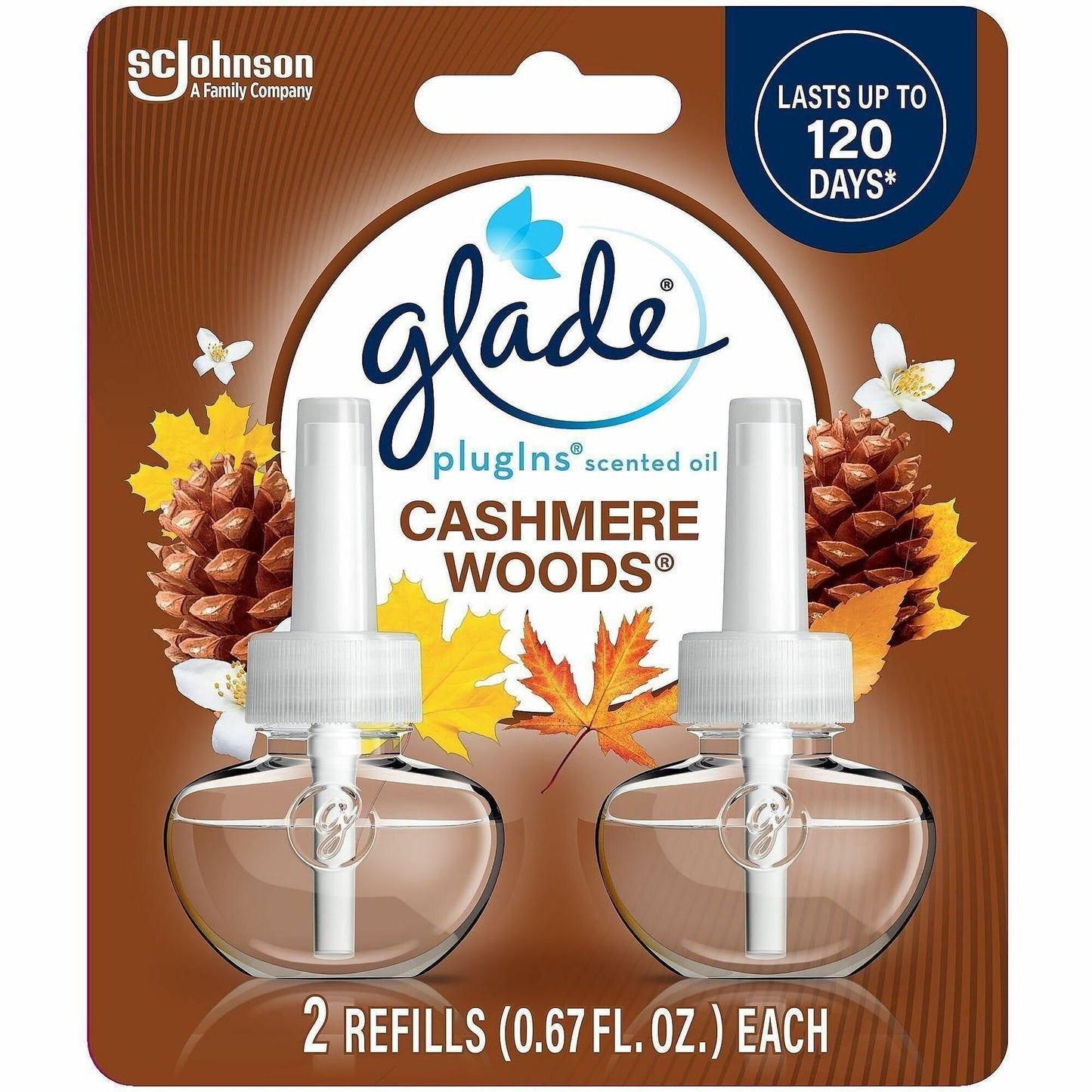 Glade PlugIns Scented Oil, Cashmere Woods, 120 Day, Long Lasting, 2 Refills/Pack, 6/Carton (SJN375758)