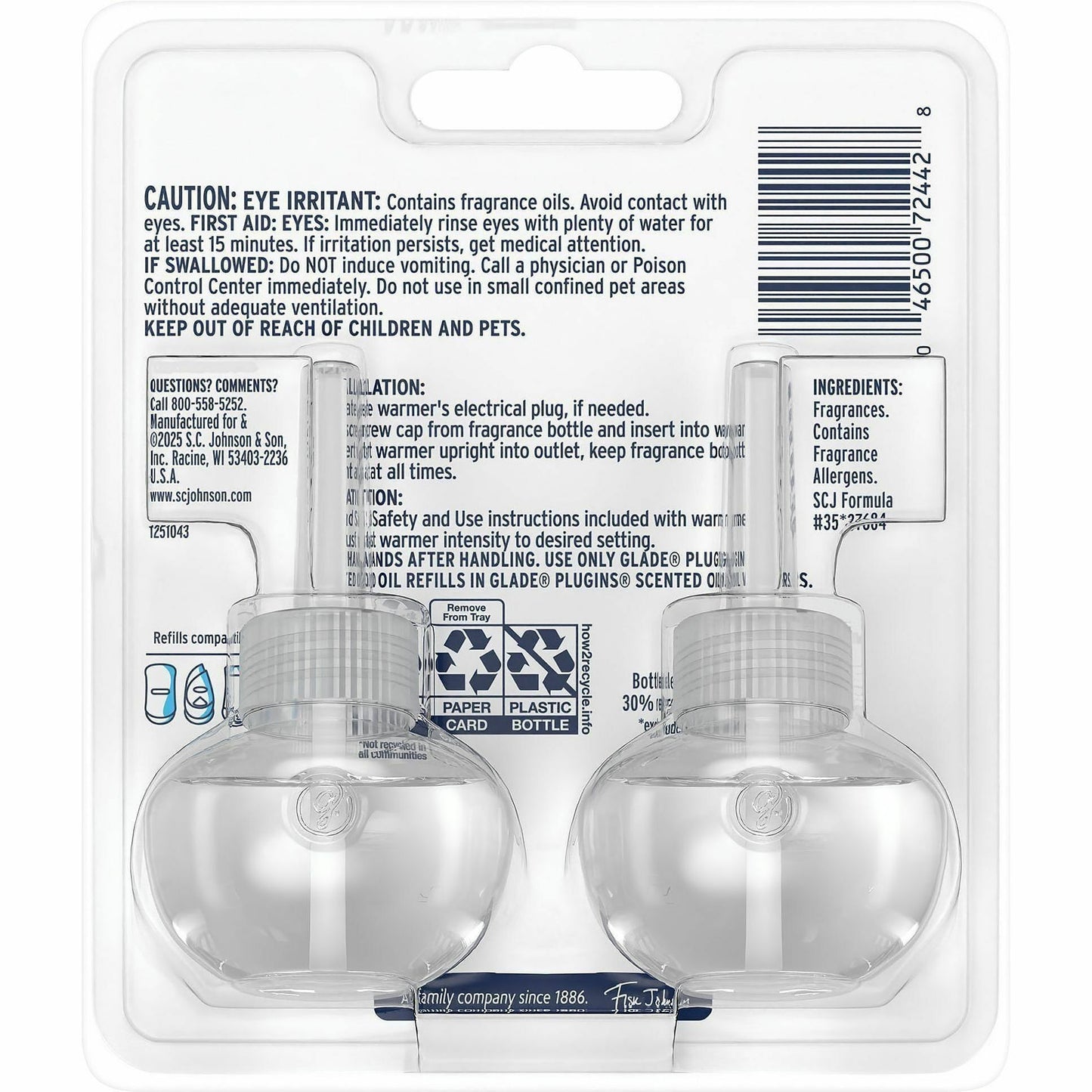 Glade PlugIns Scented Oil, Cashmere Woods, 120 Day, Long Lasting, 2 Refills/Pack, 6/Carton (SJN375758)