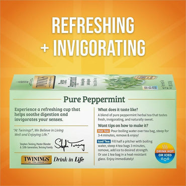 Twinings Pure Peppermint Tea Herbal Tea, Caffeine-free, Organic, 20/Box (TWGF06337)