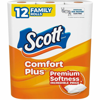Scott ComfortPlus Toilet Paper, 1 Ply, 173 Sheets/Roll, White, Paper, Plush, 12/Pack (KCC55211)