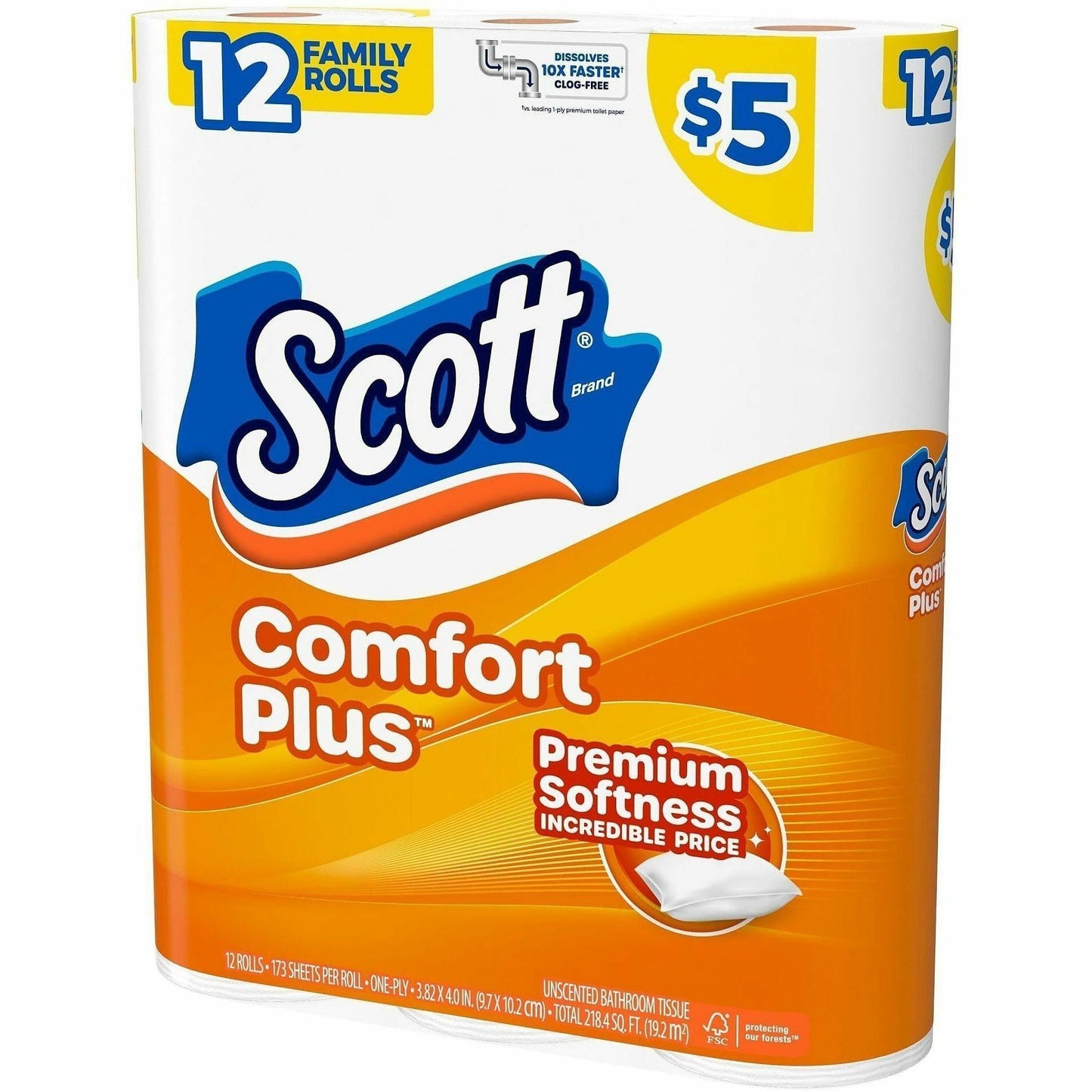 Scott ComfortPlus Toilet Paper, 1 Ply, 173 Sheets/Roll, White, Paper, Plush, 12/Pack (KCC55211)