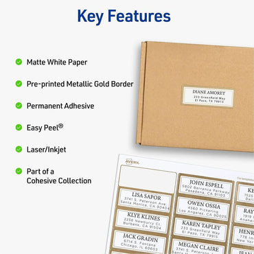 Avery Matte White Labels With Gold Borders, x 1" x 2 5/8", Metallic Gold Border, Permanent Adhesive, 300/Pack (AVE06507)