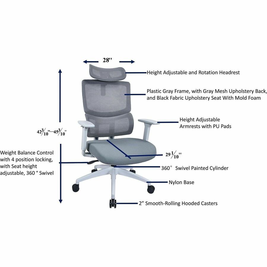 Lorell Ripley High Mesh-Back Chair with Articulating Lumbar Support, Gray (LLR63203)