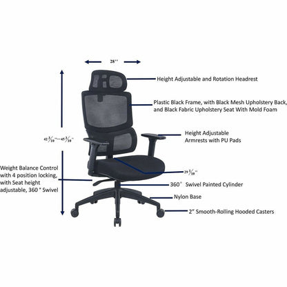 Lorell Ripley High Mesh-Back Chair with Articulating Lumbar Support, Black (LLR63202)