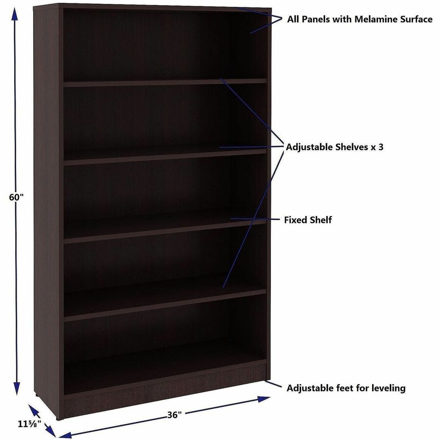 Lorell Essentials Espresso Laminate Bookcase, 36" Width x 12" Depth x 60" Height, Espresso (LLR18250)