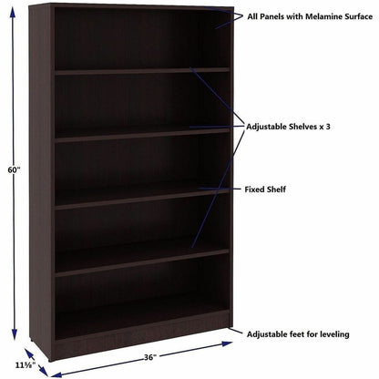 Lorell Essentials Espresso Laminate Bookcase, 36" Width x 12" Depth x 60" Height, Espresso (LLR18250)