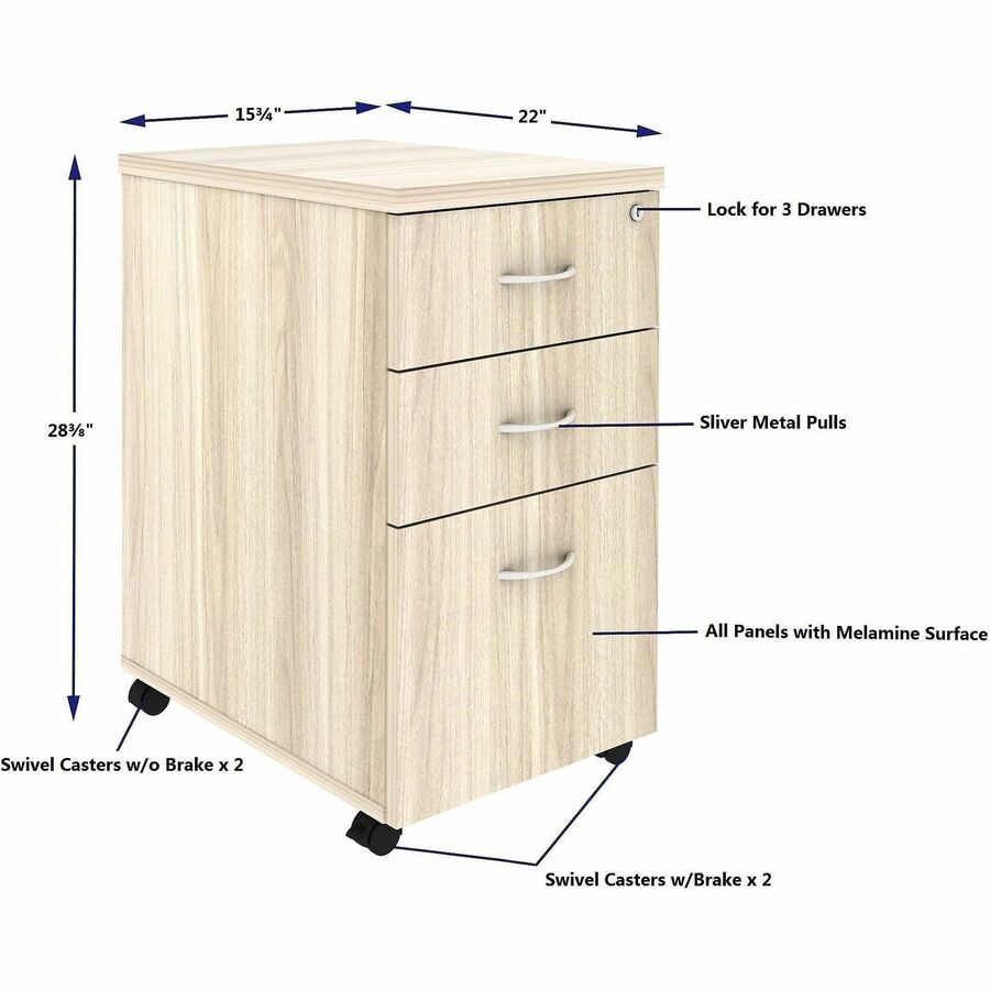 Lorell Essentials 3-Drawer Mobile Pedestal, 28.3" Height x 16" Width x 22" Depth, Modern Elm (LLR66328)