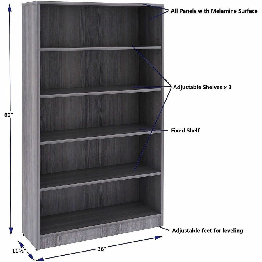 Lorell 5-Shelf Weathered Charcoal Laminate Bookcase, 36" Width x 12" Depth x 60" Height, Weathered Charcoal (LLR69631)