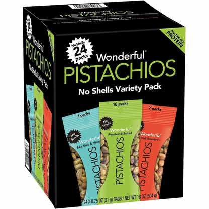 Paramount Farms NoShell Variety, 0.75 oz, Gluten-free, Non-GMO, Roasted & Salted, Sea Salt & Vinegar, Chili Roasted, 24/Carton (PAM70086)