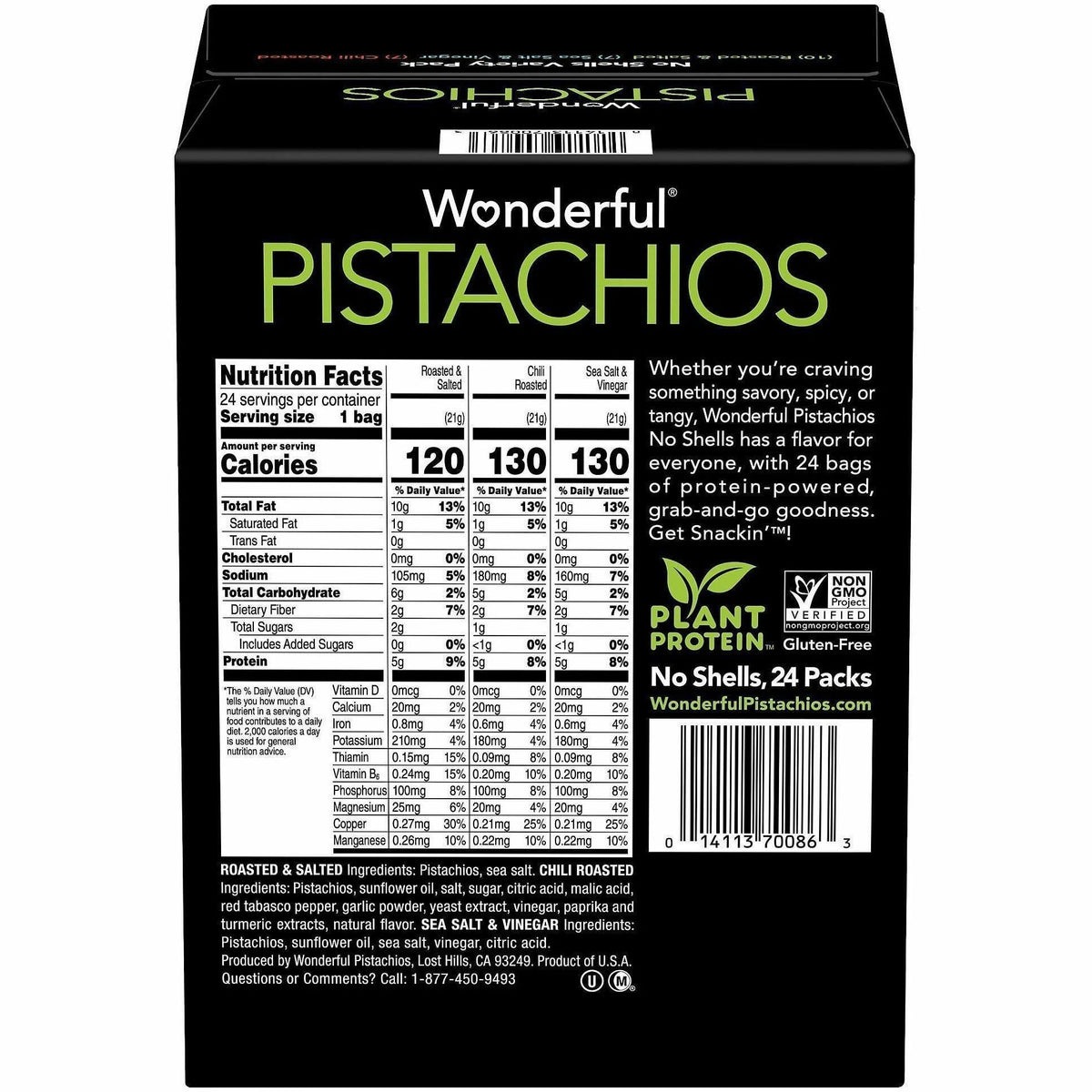 Paramount Farms NoShell Variety, 0.75 oz, Gluten-free, Non-GMO, Roasted & Salted, Sea Salt & Vinegar, Chili Roasted, 24/Carton (PAM70086)