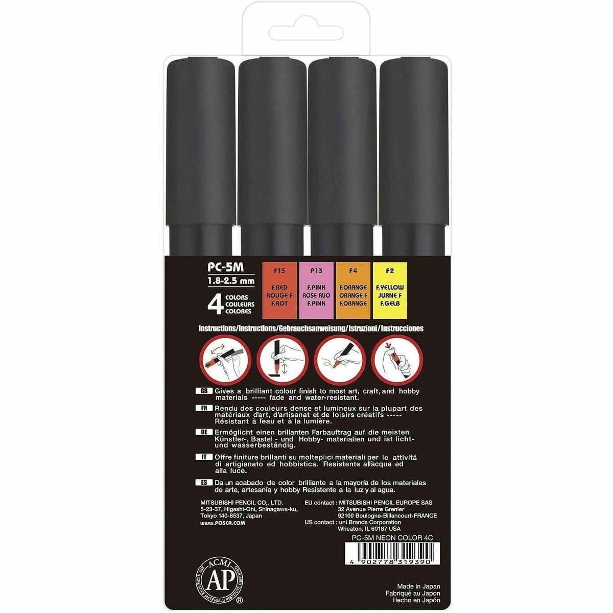 POSCA PC-5M WaterBased Paint Marker, Assorted Ink, Erasable, Washable, Water Based, Multipurpose, 4/Pack (UBC319392000)