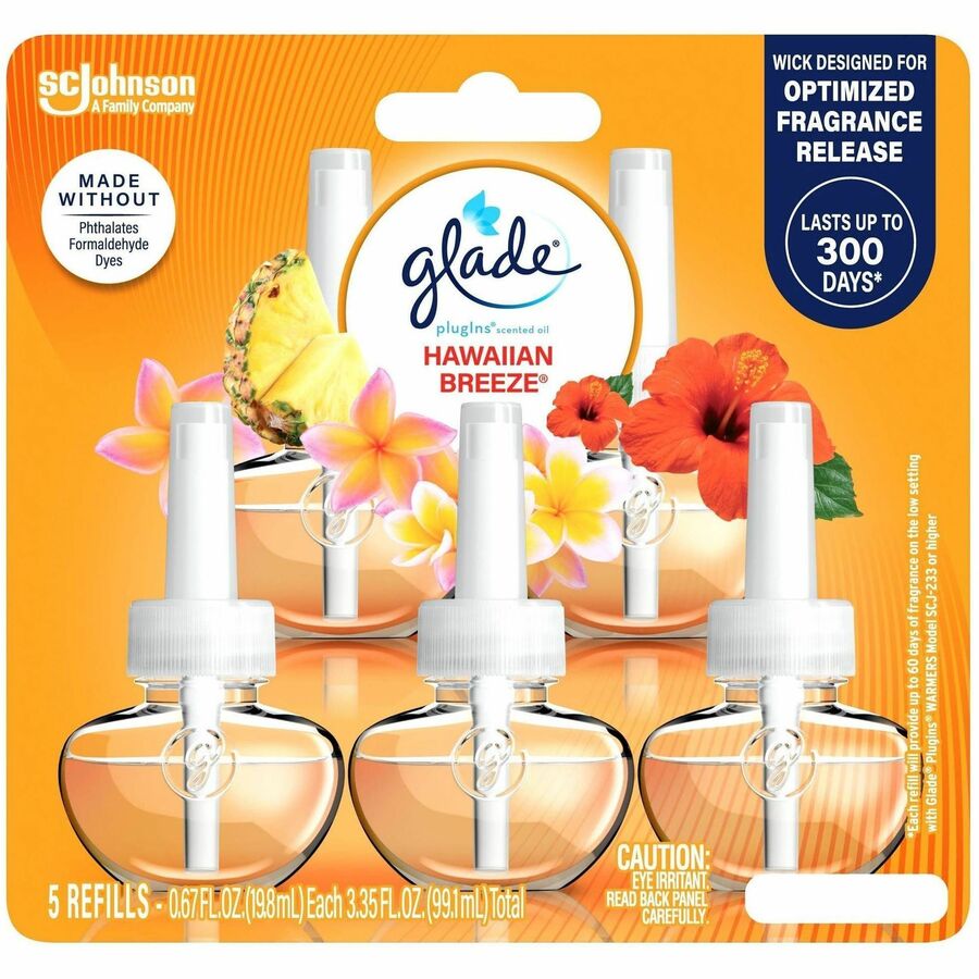 Glade PlugIns Refill, 3.3 fl oz, Hawaiian Breeze, 5/Box, 5/Carton (SJN375664CT)