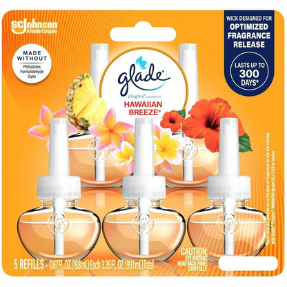 Glade PlugIns Refill, 3.3 fl oz, Hawaiian Breeze, 5/Box, 5/Carton (SJN375664CT)