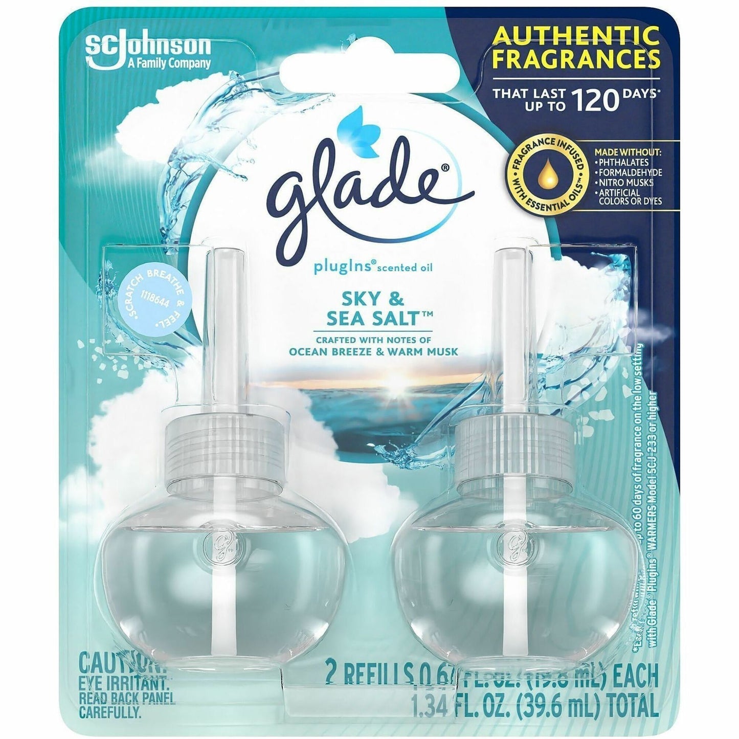Glade PlugIns Refill, Oil, 550 Sq. ft., 0.6 fl oz, Sky & Sea Salt, 2/Pack, 6/Carton (SJN375770CT)
