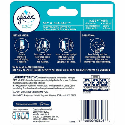 Glade PlugIns Refill, Oil, 550 Sq. ft., 0.6 fl oz, Sky & Sea Salt, 2/Pack, 6/Carton (SJN375770CT)