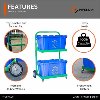 Five Star Products Recycling Cart for Bins, 220 lb Load Capacity, Aluminum, Green  (FSP002)