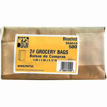 AJM #2 White Paper Grocery Bags, Bleached Kraft, Grocery, Supplies, Recycled, 500/Carton (AJMWB02NP5CES)