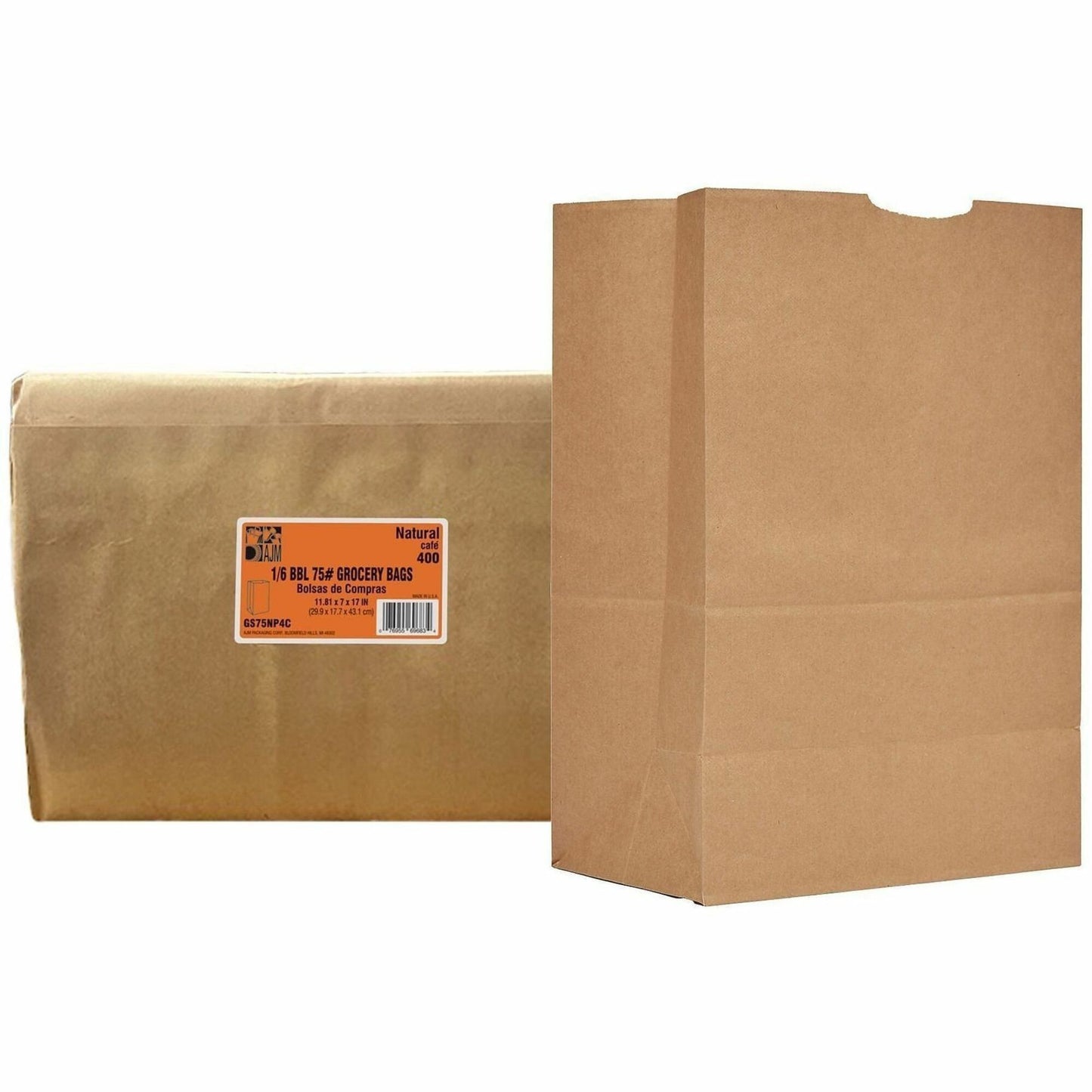 AJM 1/6 BBL #75 Kraft Paper Grocery Sacks, 6.72 gal Capacity, Natural Kraft, 400/Carton (AJMGS75NP4CES)