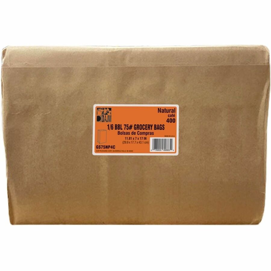 AJM 1/6 BBL #75 Kraft Paper Grocery Sacks, 6.72 gal Capacity, Natural Kraft, 400/Carton (AJMGS75NP4CES)