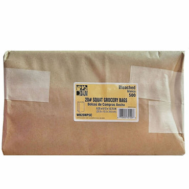 AJM #20 Squat White Paper Grocery Bags, Bleached Kraft, Grocery, Supplies, Recycled, 500/Carton (AJMWB20NP5CES)