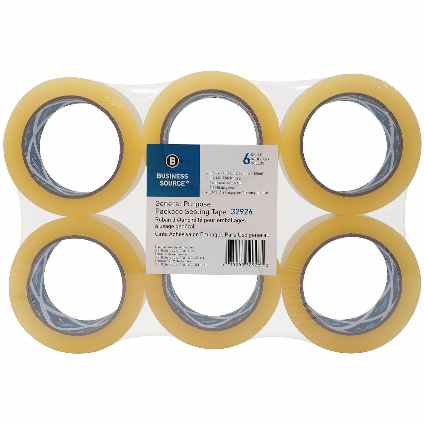 Business Source Heavy-duty Packaging/Sealing Tape, 110 yd Length x 1.87" Width x 1.6 mil Thickness, 3" Core, Clear, 6/Pack (BSN32926)