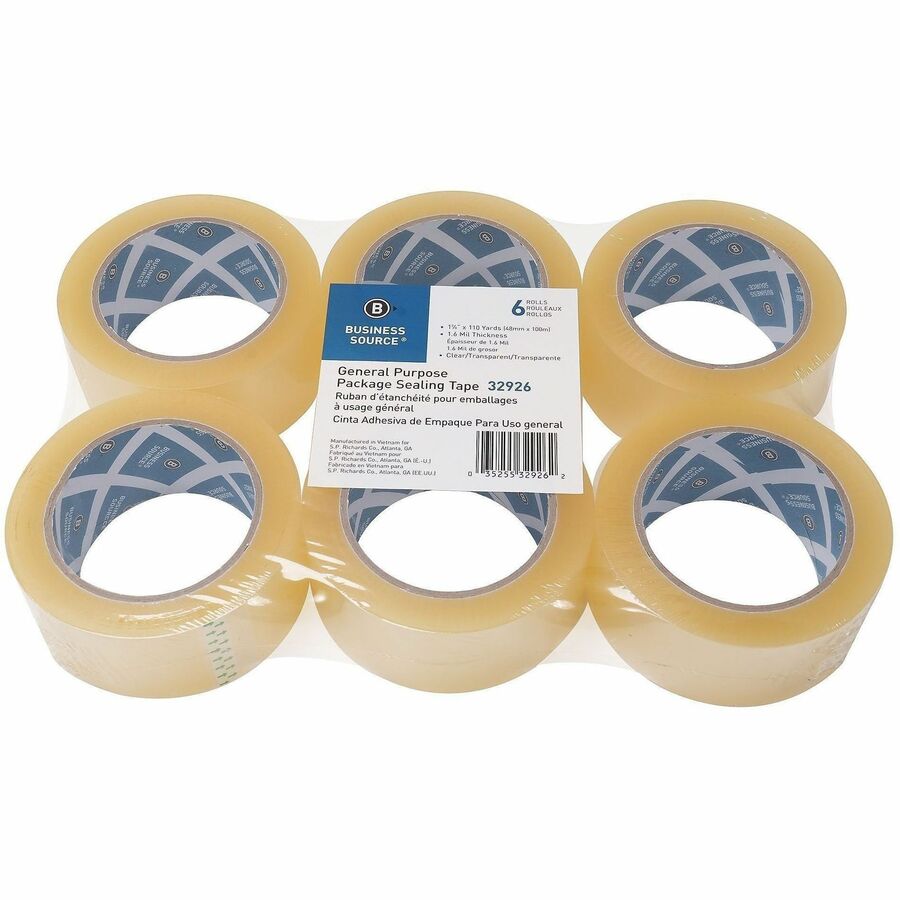 Business Source Heavy-duty Packaging/Sealing Tape, 110 yd Length x 1.87" Width x 1.6 mil Thickness, 3" Core, Clear, 6/Pack (BSN32926)