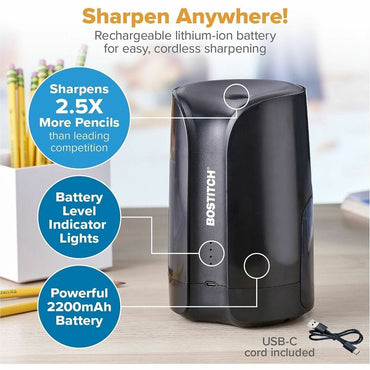 Bostitch Rechargeable Pencil Sharpener, Black, Battery Powered (BOSRPS10VBLK)