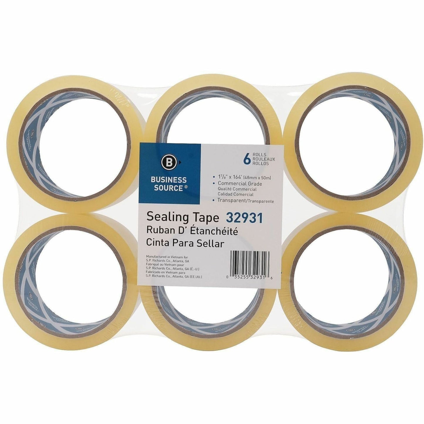 Business Source 3" Core Sealing Tape, 164 yd Length x 1.87" Width x 1.6 mil Thickness, Clea, 6/Pack (BSN32931)