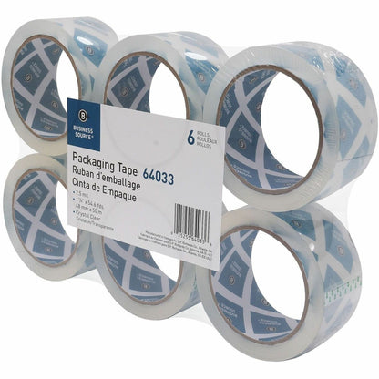 Business Source Crystal Clear Packaging Tape, 55 yd Length x 2" Width x 2.5 mil Thickness, 3" Core, Clear, 6/Pack (BSN64033)