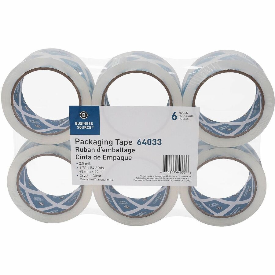 Business Source Crystal Clear Packaging Tape, 55 yd Length x 2" Width x 2.5 mil Thickness, 3" Core, Clear, 6/Pack (BSN64033)