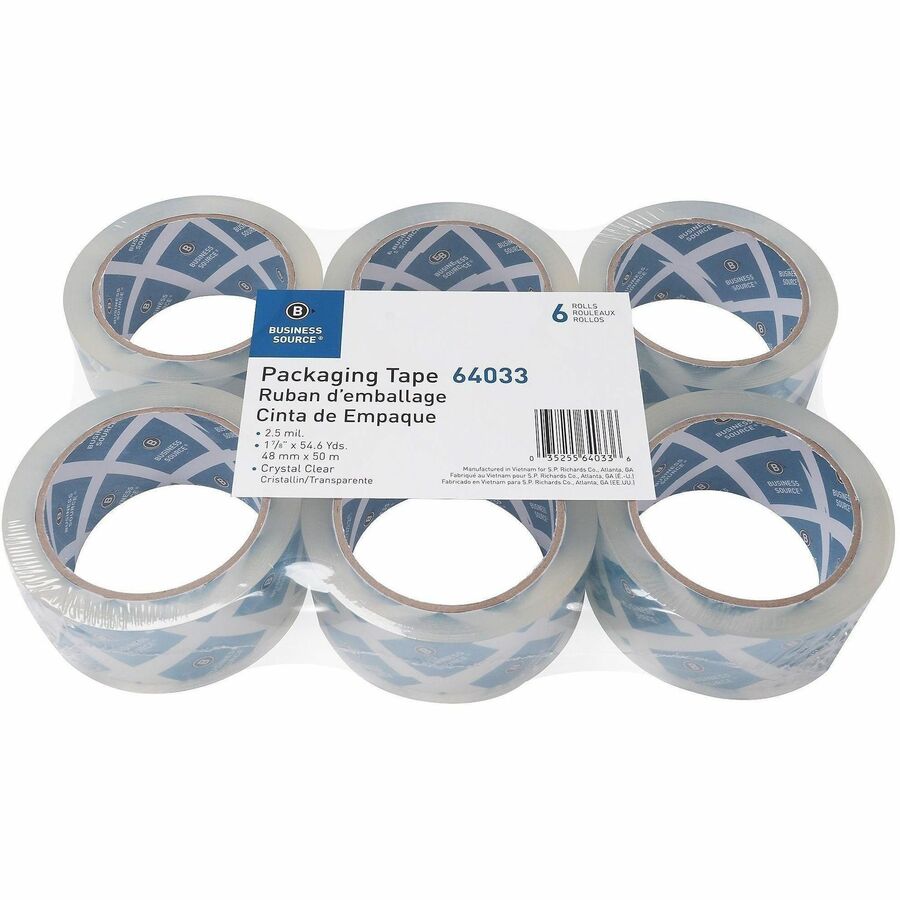 Business Source Crystal Clear Packaging Tape, 55 yd Length x 2" Width x 2.5 mil Thickness, 3" Core, Clear, 6/Pack (BSN64033)