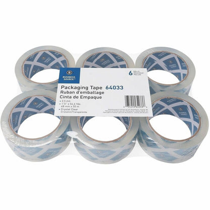 Business Source Crystal Clear Packaging Tape, 55 yd Length x 2" Width x 2.5 mil Thickness, 3" Core, Clear, 6/Pack (BSN64033)