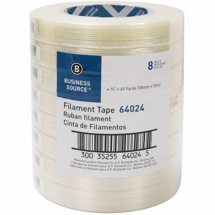 Business Source Filament Tape, 60 yd Length x 0.75" Width, 3" Core, White, Film (Fiberglass Reinforced) Backing, 1 Roll (BSN64024)