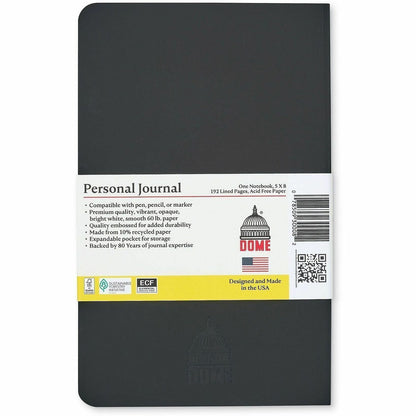 Dome Personal Journal, 60 lb Basis Weight, 5" x 8", 5 x 8 Inch Softcover Black Lined Journal Notebook, Bright White Paper (DOM30008)