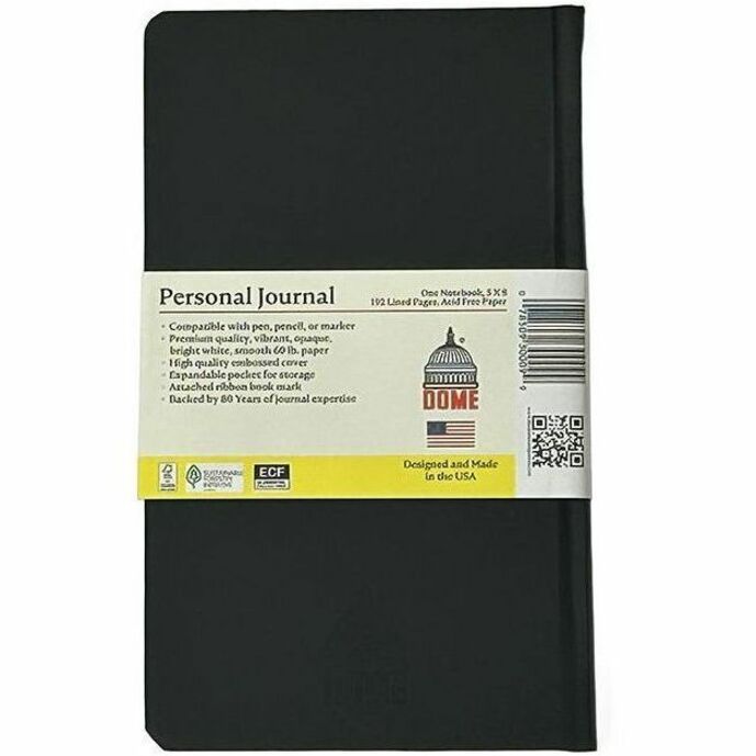 Dome Personal Journal, 60 lb Basis Weight, 5" x 8", 5 x 8 Inch Hardcover Black Lined Journal Notebook, Bright White Paper (DOM30009)