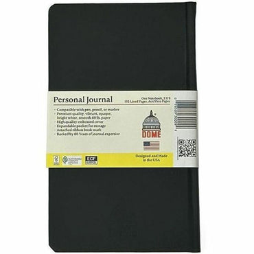 Dome Personal Journal, 60 lb Basis Weight, 5" x 8", 5 x 8 Inch Hardcover Black Lined Journal Notebook, Bright White Paper (DOM30009)